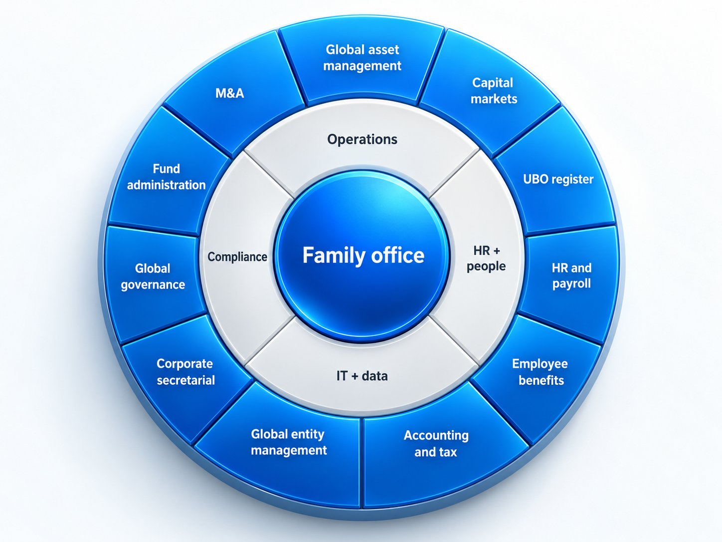 Ruota dei servizi del family office: operatività, compliance, risorse umane e personale, IT e dati